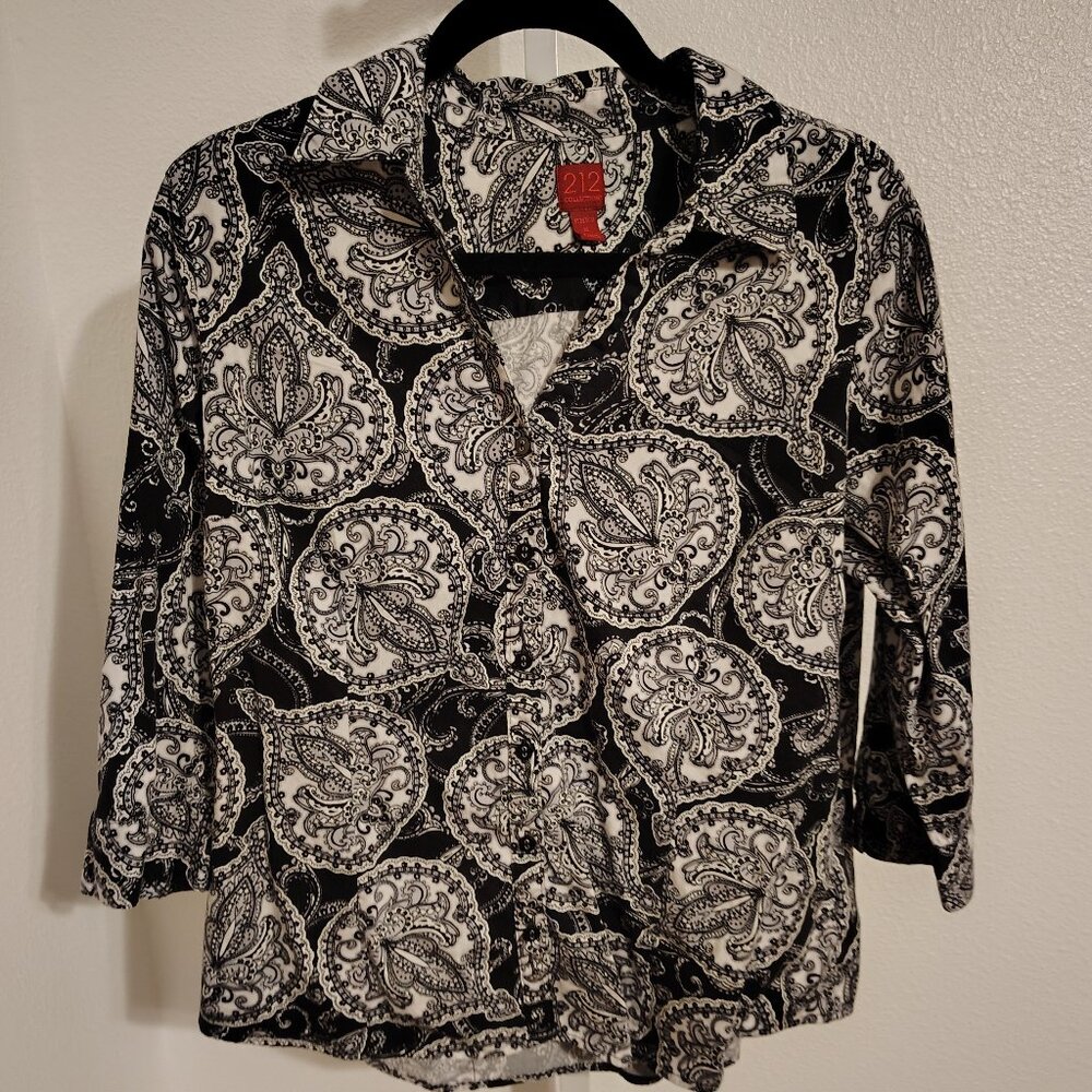 212 Collection Women's Button Front Top 3/4 Sleeve Monochrome Paisley Print XL